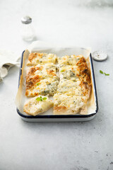 Four cheese pizza on a tray