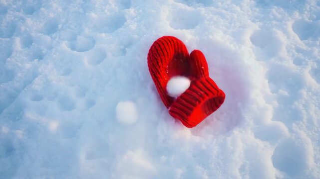 Bright red mitten resting in fresh snow on a winter day