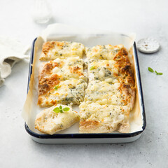 Four cheese pizza on a tray