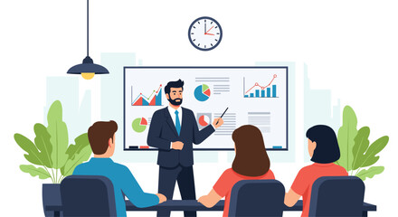 Dynamic business professional confidently presenting growth strategies with charts on whiteboard to engaged team members in modern office