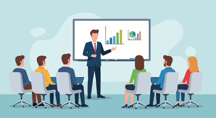 Dynamic presenter confidently shares growth charts with engaged team in a modern conference room setting