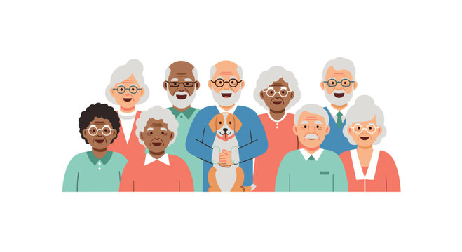 Joyful diverse seniors smiling with a puppy, embodying happy companionship and vibrant community spirit