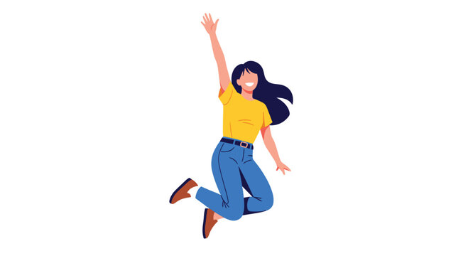 Joyful woman mid-air celebrating success with energetic leap and raised arm, radiating pure happiness and freedom
