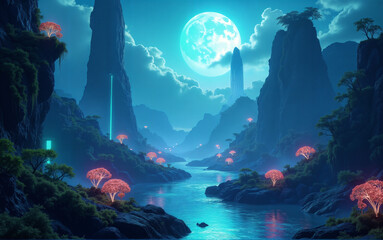 Sci-Fi Valley with Blue Moon Reflection
