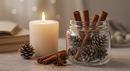 Cozy still life composition with lit candle cinnamon sticks and pine cones
