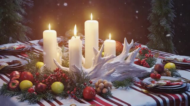 Festive holiday table setting for a winter celebration with candles