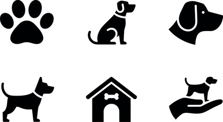 Set of six minimalist black and white pet icons featuring paw print dog cat house and human hand holding animal vector