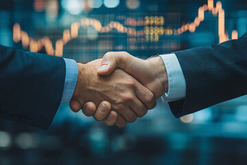 Business handshake with an upward-trending financial chart in the background. It represents a successful deal, agreement, or investment.