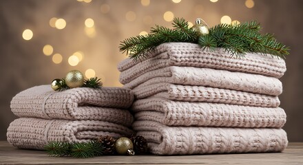 Cozy stack of folded blankets with christmas decorations and warm bokeh background