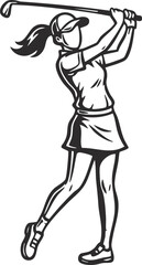 Fototapeta premium Cartoon illustration of a female golfer, poised with a golf club.