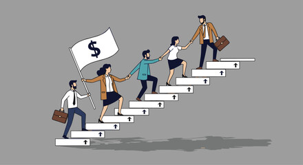Professionals ascend stairs holding flag with dollar sign, symbolizing financial success and teamwork in business growth