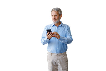Mature businessman communicating using smart phone, texting, looking away, with transparent background