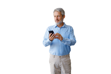 Mature businessman communicating using smart phone, texting, looking away, with transparent background