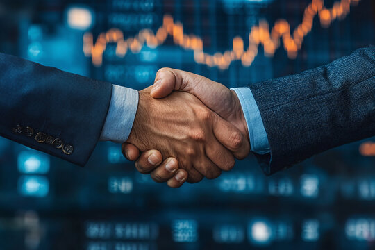 Handshake between business partners with futuristic network links and financial chart graphics, representing innovation, global trade, and digital business growth.