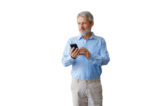 Mature businessman communicating using smart phone, texting, looking away, with transparent background