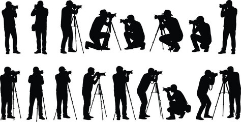 Photographer silhouettes in dynamic poses with cameras and tripods, vector illustration for creative, media, and lifestyle design themes
