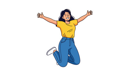 Joyful woman in yellow top and blue jeans leaping with arms outstretched in vibrant celebration