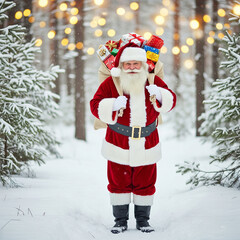 Jolly Santa Claus with sack full of presents walking through a snowy winter forest illuminated by warm bokeh lights, spreading holiday cheer and Christmas magic.