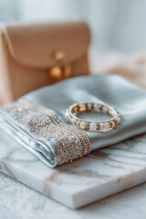 Silk sari detail with bangle and purse on marble, Diwali fashion