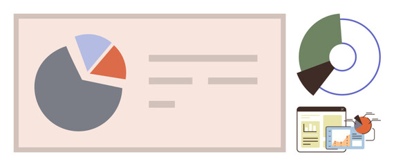 Pie chart and data on presentation board, circular graph, analytic tools on tablet, desktop. Ideal for business, statistics, research, education analytics report planning visualization. Simple