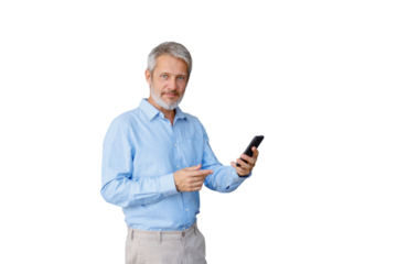 Mature man in blue shirt holding mobile phone and pointing, sharing information or recommending device, transparent background