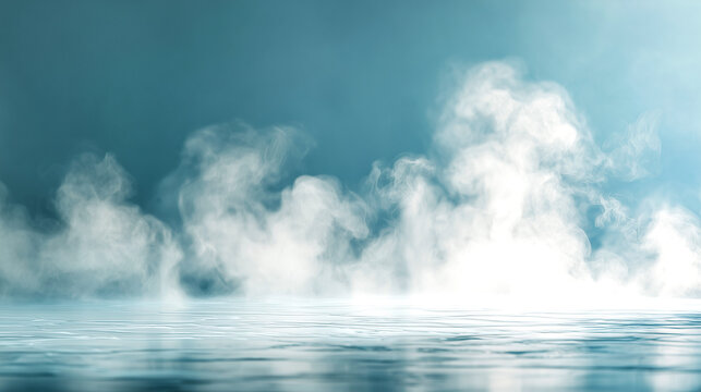 青い水面と湯気が立ちのぼる温泉イメージ・冬の美容広告に最適