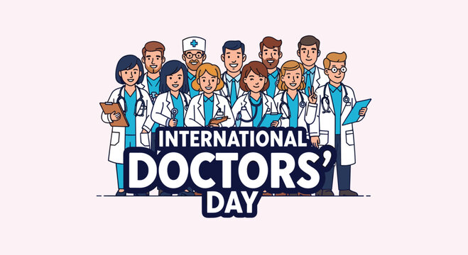 Celebrate International Doctors Day with diverse healthcare professionals showing teamwork and dedication in a vibrant illustration