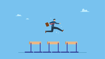 Confident businessman leader jump high over 3 hurdles to be winner. Success to win in business competition, overcome obstacles or motivation to solve problem and lead company achievement.