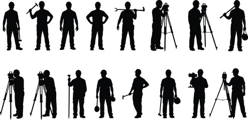 Construction worker silhouettes with tools and gear, labor and engineering vector illustration for industry, safety, and occupational themes