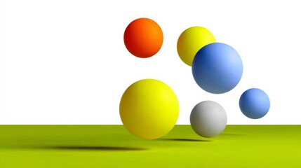 Group of colorful balls are floating in the air. The balls are of different colors, including yellow, orange, and blue. The scene is dynamic and lively, with the balls appearing to be in motion