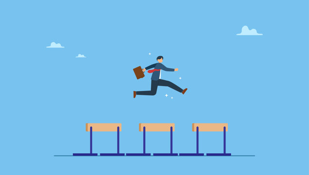 Confident businessman leader jump high over 3 hurdles to be winner. Success to win in business competition, overcome obstacles or motivation to solve problem and lead company achievement.