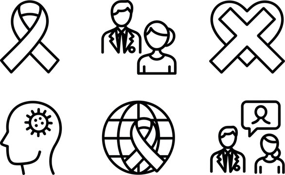 Set of six black and white line art icons representing health awareness and medical support services vector