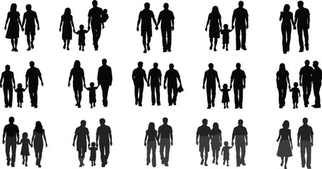 Family silhouettes in diverse group poses, parents and children vector illustration for social, demographic, and lifestyle design themes