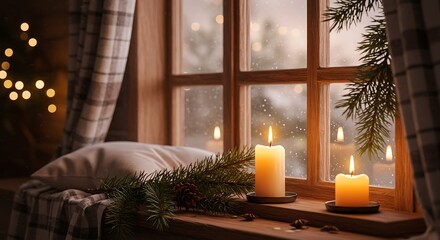 Cozy window scene with lit candles and festive decorations for comfort and warmth