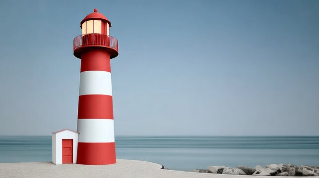 Lighthouse is on a beach with the ocean in the background. The lighthouse is red and white