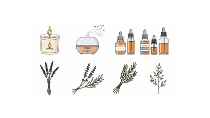 Aesthetic arrangement of candle, diffuser, essential oil bottles, and lavender and rosemary sprigs displayed