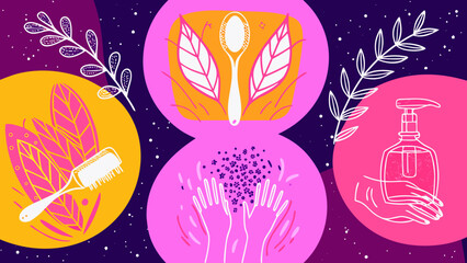 Illustration of hygiene and self care items including soap dispenser brush and spoon with floral accents