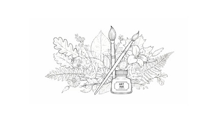 A sketch of art supplies with ink bottle and paintbrushes surrounded by various leaves and foliage design