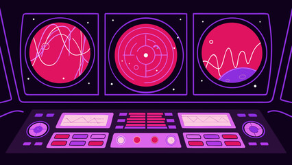 A retro futuristic control panel featuring three screens with radar and waveform displays in shades of pink © adnan
