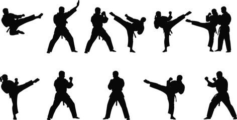 Martial arts silhouettes in dynamic stances and techniques, karate fighters vector illustration for sports, training, and self-defense themes