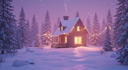 Cozy winter cabin scene surrounded by snow covered pine trees