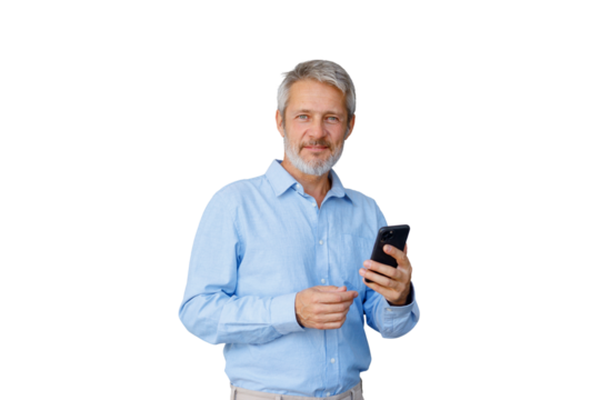 Senior business man using smartphone, looking at camera with a confident smile, on transparent background - Powered by Adobe
