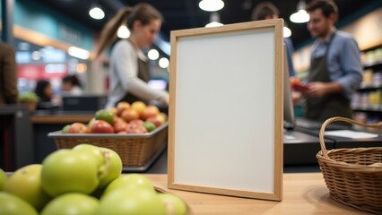 Blank wooden framed board on market counter amid fresh tomatoes cucumbers broccoli herbs in wicker baskets with copyspace, concept of organic produce, farmers market, healthy food retail