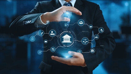 Futuristic digital law interface displaying justice scale, highlighting digital law, AI compliance,...