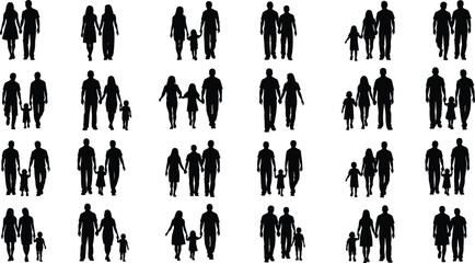 Family silhouettes in various group poses, parents and children vector illustration for social, demographic, and lifestyle themes