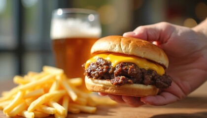 Person holds juicy beef sandwich with melted cheese. French fries, cold beer sit on wooden table. Tasty fast food meal perfect for lunch dinner outdoors. Enjoying savory comfort food moment.