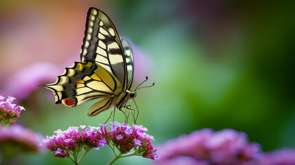 Stunning monarch butterfly with vibrant wing patterns alights delicately on a cluster of soft pink blossoms, showcasing nature's exquisite beauty in a sunlit garden setting.