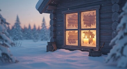 Cozy winter cabin scene with warm candle light visible through frosted window