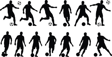 Soccer player silhouettes in action and control poses, football movement vector illustration for sports training and athletic design themes