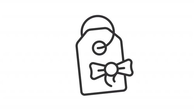 Gift tag with bow ui icon line animation. Christmas present card. Holiday label to identify recipient and sender animated user interface element isolated on white. HD video with alpha channel